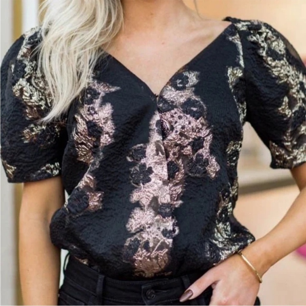 Buddy Love Black Tan Fitted Embellished Bodysuit Blouse Sz S - Picture 2 of 11